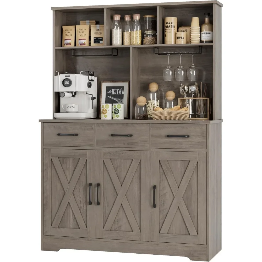 

Buffet Cabinet with Hutch, Modern Farmhouse Kitchen Buffet Sideboard Storage Cabinet with 3 Drawers, Barn Door Coffee Bar