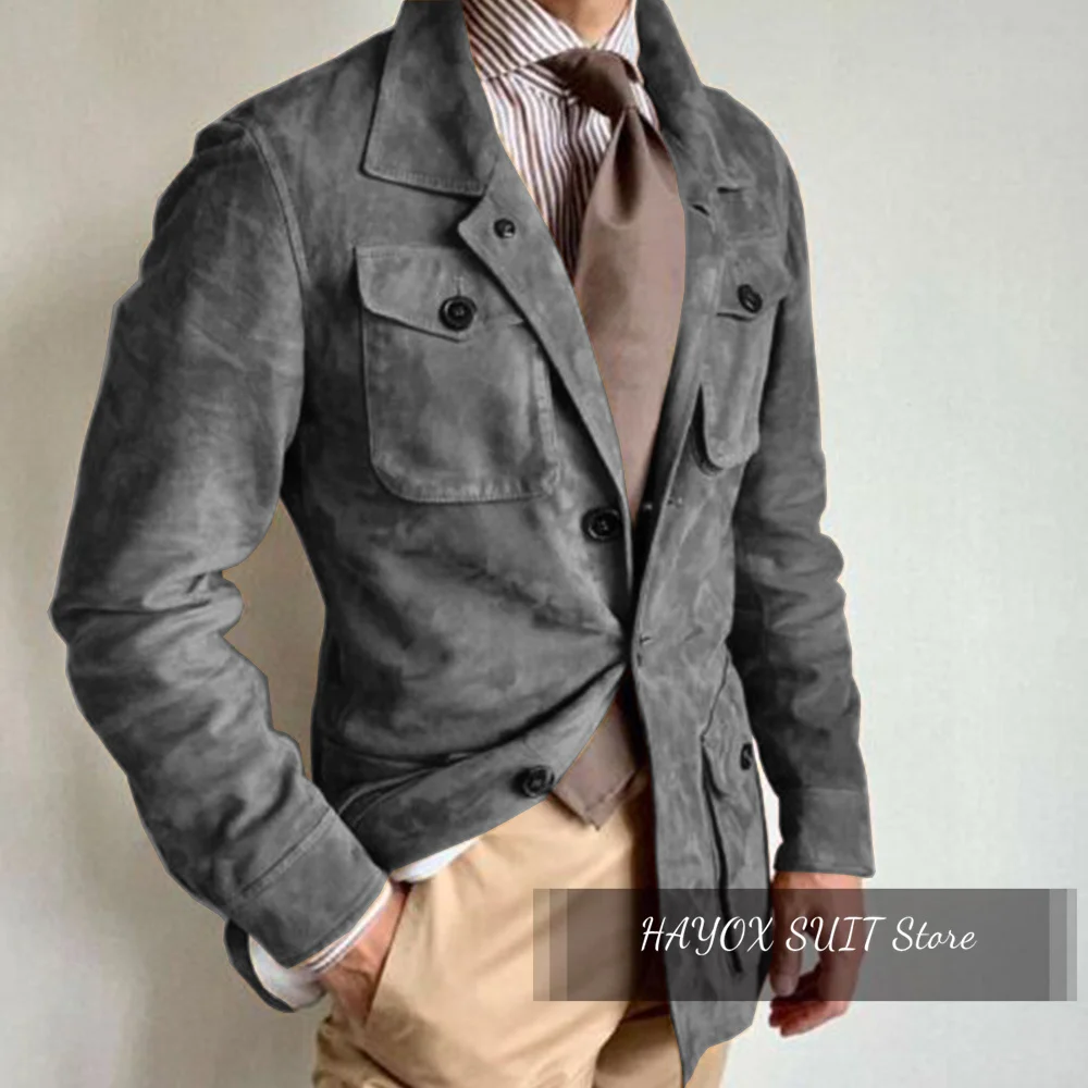 Faux Suede Men\'s Hunting Jacket Vintage Four Pockets Groom Jacket Casual Blazer Slim Fit Fashion Design Single Breasted 2024 New