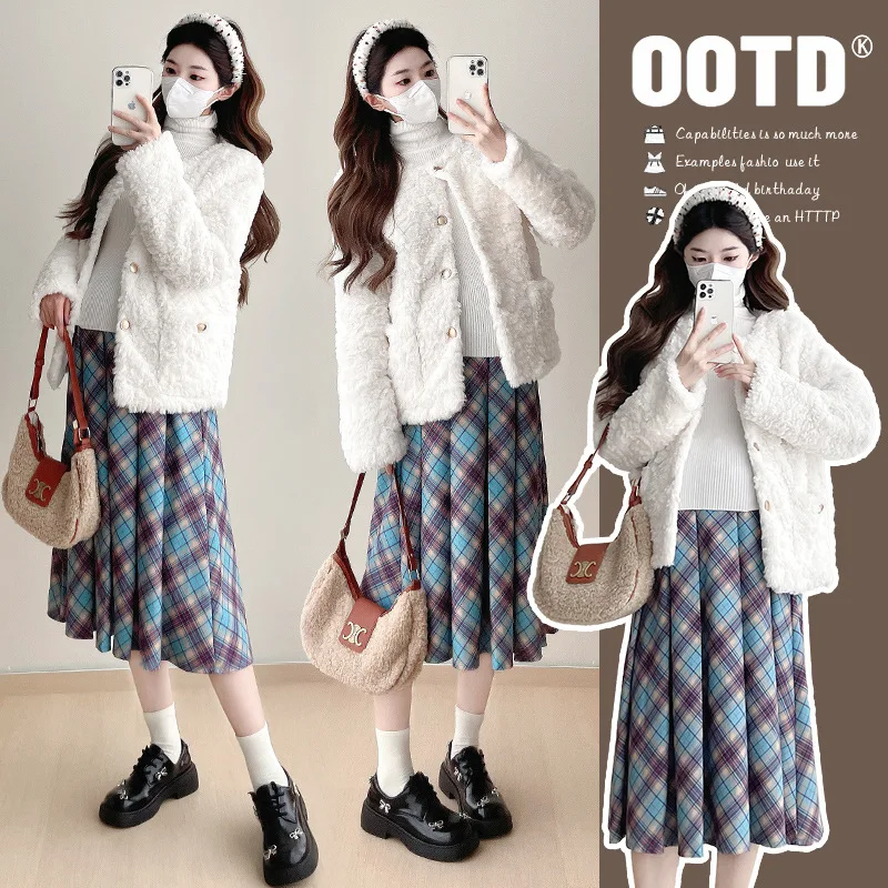 

Maternity Clothes Set Autumn Winter 2024 Pregnant Women Lamb Fleece Cardigan Coat +Plaid Skirt 2pcs Pregnancy Jackets Warm Coat