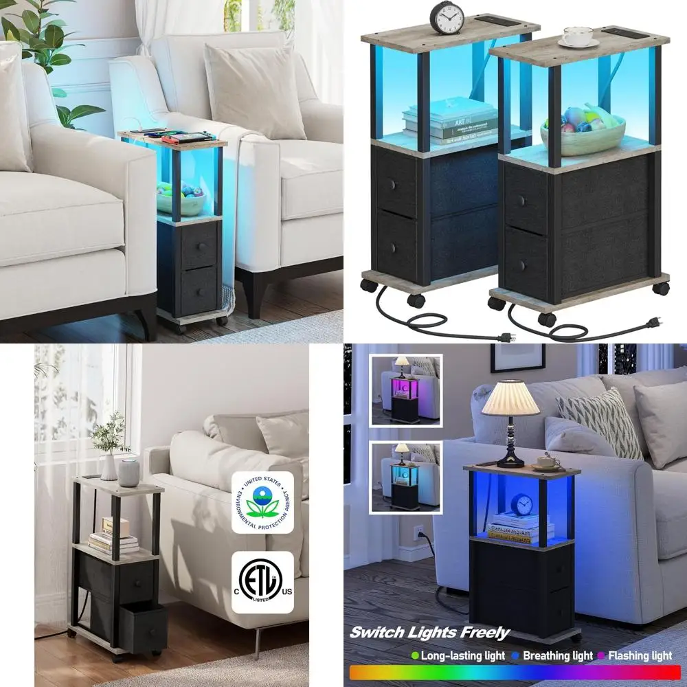 

Компактные светодиодные прикроватные тумбочки с тканевыми ящиками, зарядной станцией, USB-портами и колесиками для небольших помещений