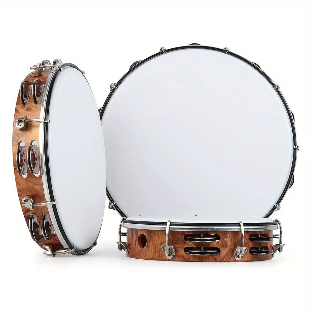 10-inch Tambourine Double Row Stainless Steel Bells with Adjustment Tuning Tool Hand Clapper Drum Performing