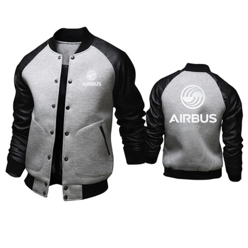 Men\'s Baseball Coats Patchwork PU Sleeve Stand Collar Jackets Outerwear AIRBUS AVIATION Flight Airbusfan A320  Men Jacket S-4XL