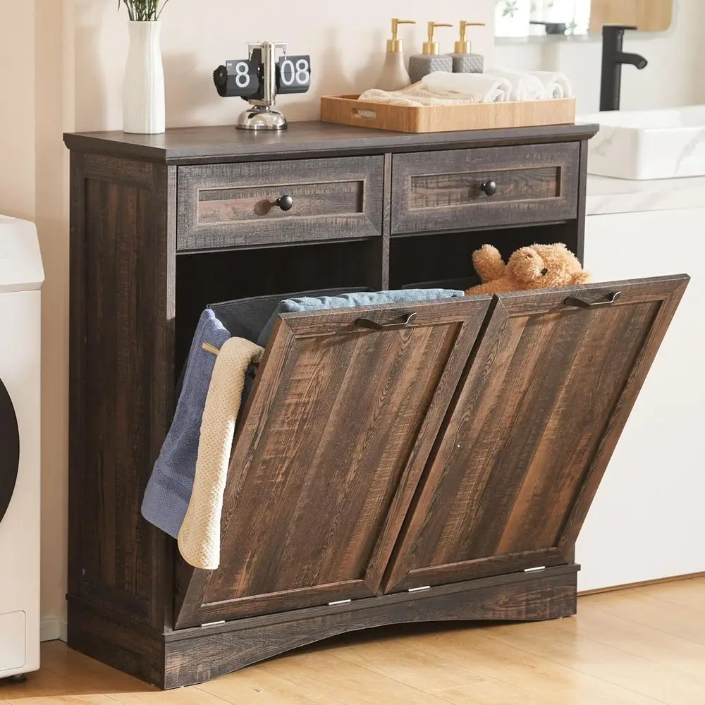 Rustic Wooden Double Trash Bin Cabinet with Hidden Drawers, 2x13 Gallon Capacity, Suitable for Kitchen or Living Room