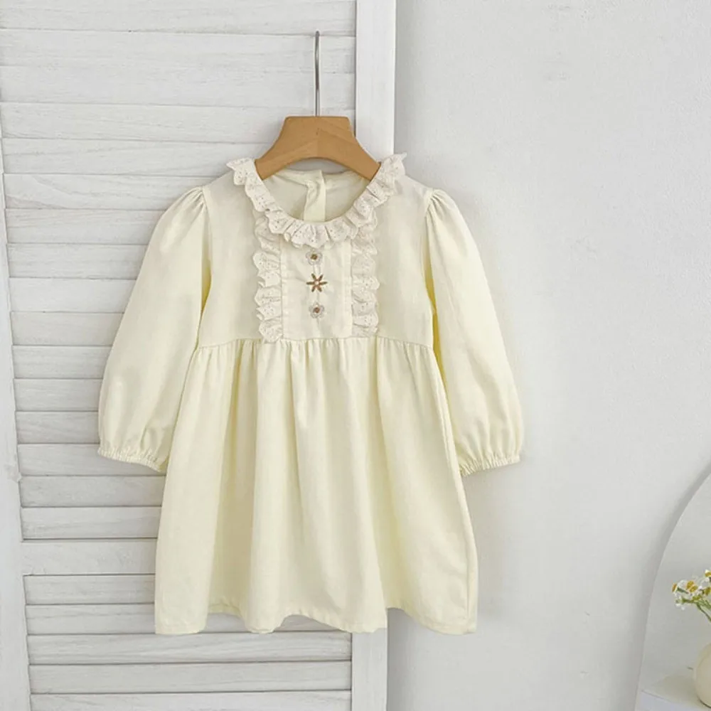 Yellow Sweet and Cute Casual Lace Long Sleeved Dress Korean Version Daily Wear for Girls Aged 2-6 Autumn New