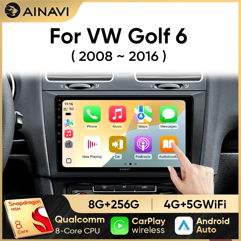 Ainavi Car Radio For Volkswagen VW Golf 6 MK6 GTI 2008-2016 Wireless Carplay Android Auto Radio Car Multimedia 4G DSP 48EQ 2 Din