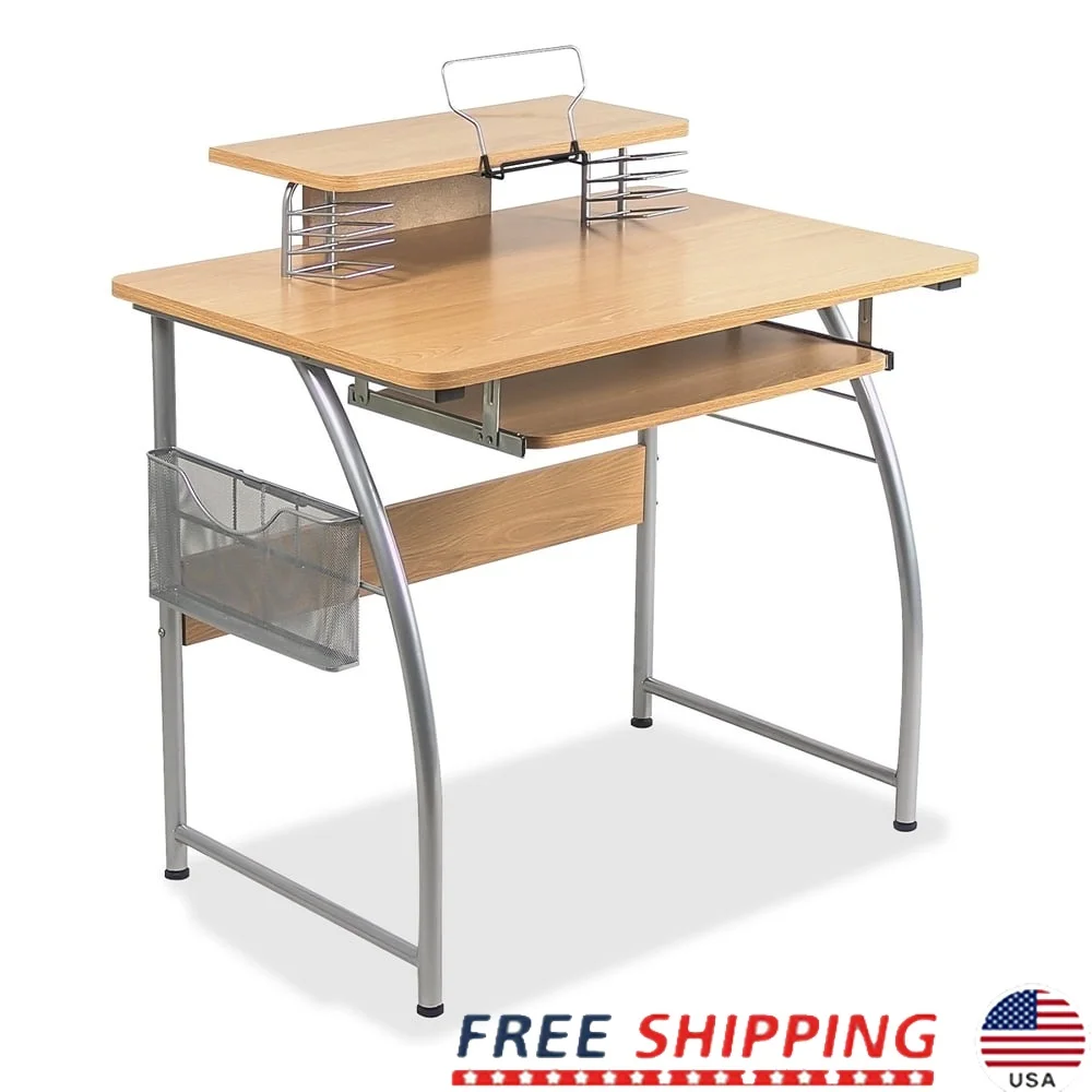 

Sleek Computer Desk with Upper Shelf Keyboard Tray Laminated Top Sturdy Steel Frame Storage Accessories and Files