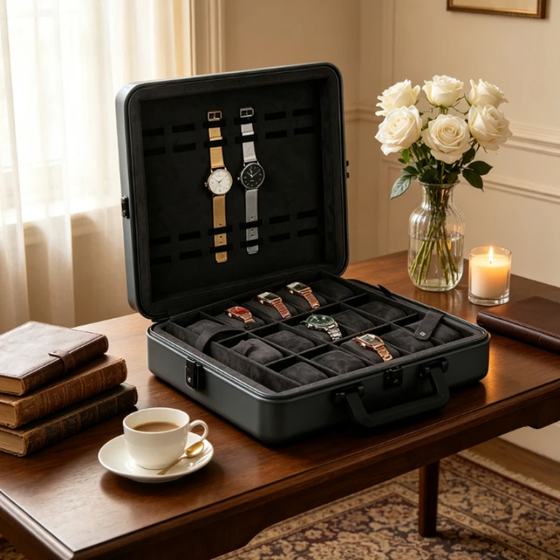 Luxury Aluminium Watch Box with Lock Portable Business Suitcase Watches Storage Organizer Collection Men Wrist Watch Display Box