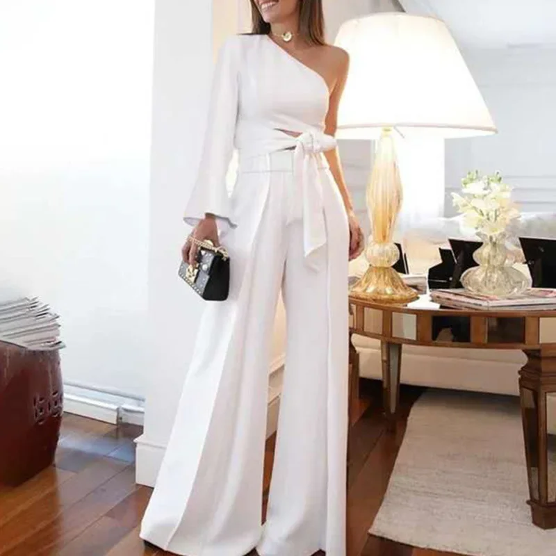 The new women's jumpsuit Europe United States in summer casual thin the two-piece one-sleeve lace-up jumpsuit in solid color