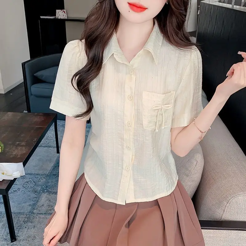 Women Summer Fashion Casual Loose Pocket Solid Color Polo-Neck Short Sleeve Chiffon Shirts Ladies Casual All-match Trend Top Tee