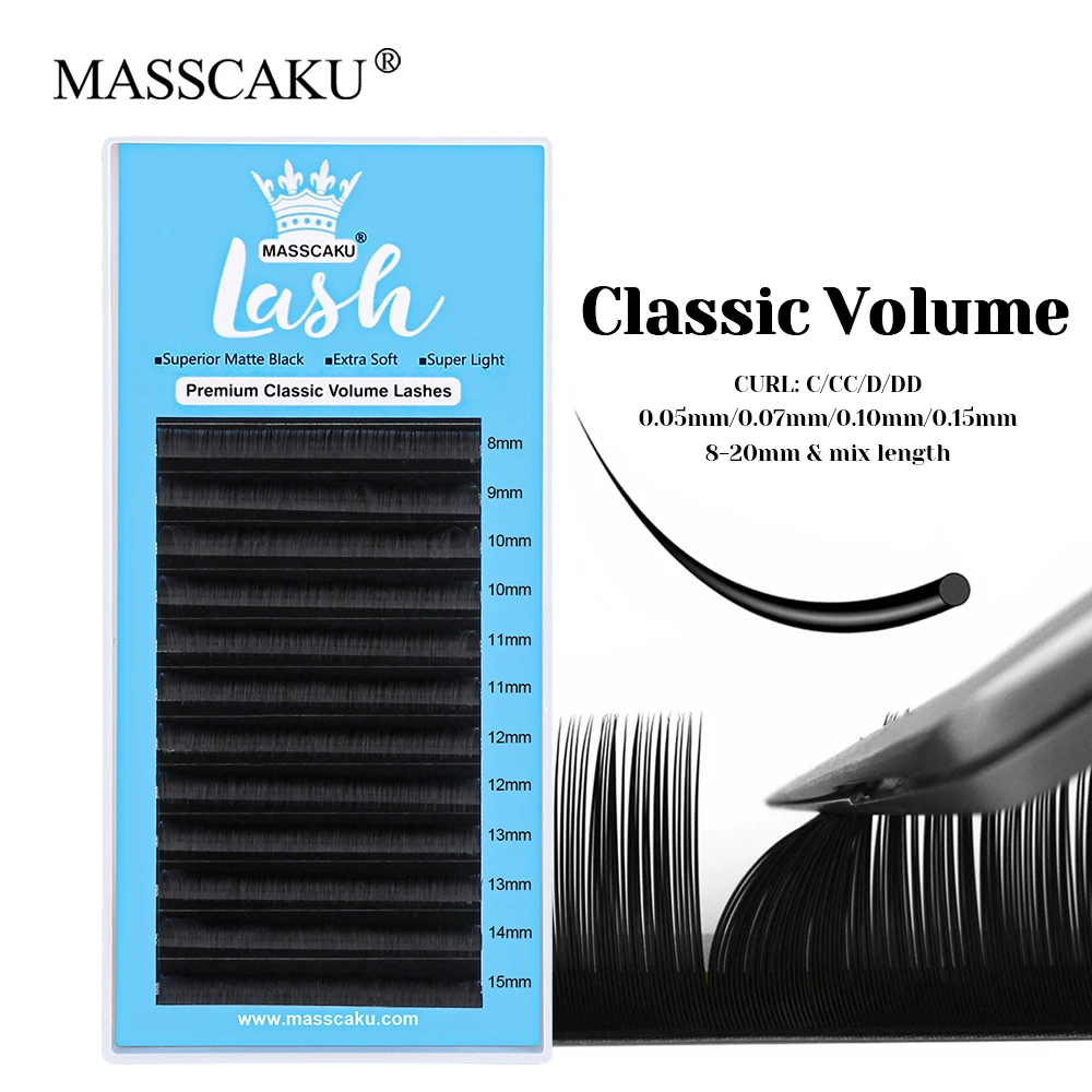 

New Arrival MASSCAKU 8-20mm and Mix Length Handmade Classic Regular Eyelash Korea PBT Fiber Cashmere Volume Eyelashes Supplies