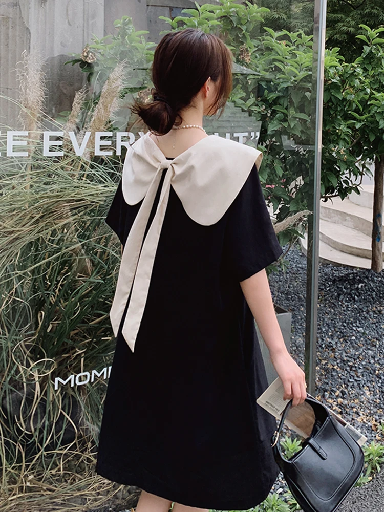 Hebe Style Doll Collar Summer New Small Size Slimming Knot First Love Dress Little Black Dress Women's Fashion