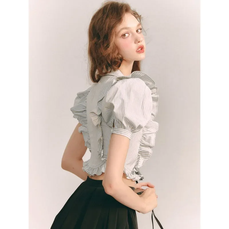 QWEEK Sweet Puff Sleeeve Cropped Shirts Woman Striped Preppy Short Blouses Female Summer Korean Fashion Lolita Slim Aesthetic