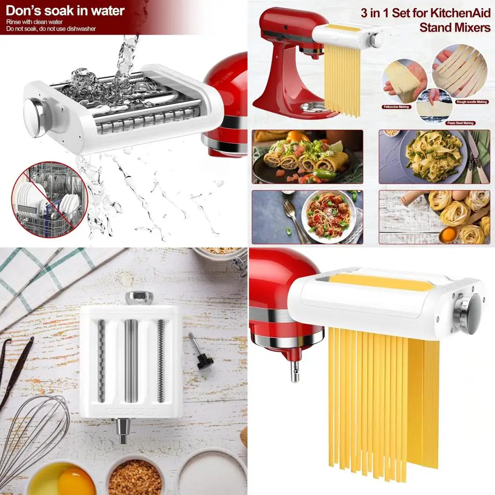 

3-in-1 Pasta Attachment for KitchenAid Mixers: Fettuccine, Spaghetti, Sheet Roller & Cleaning Kit