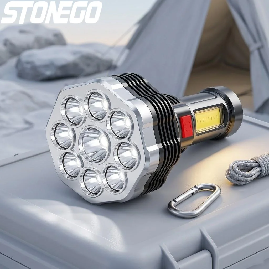 

Девятиламповый USB-перезаряжаемый светодиодный фонарь, многофункциональный уличный фонарь с двойным источником света, идеально подходит для кемпинга, походов и экстренных ситуаций