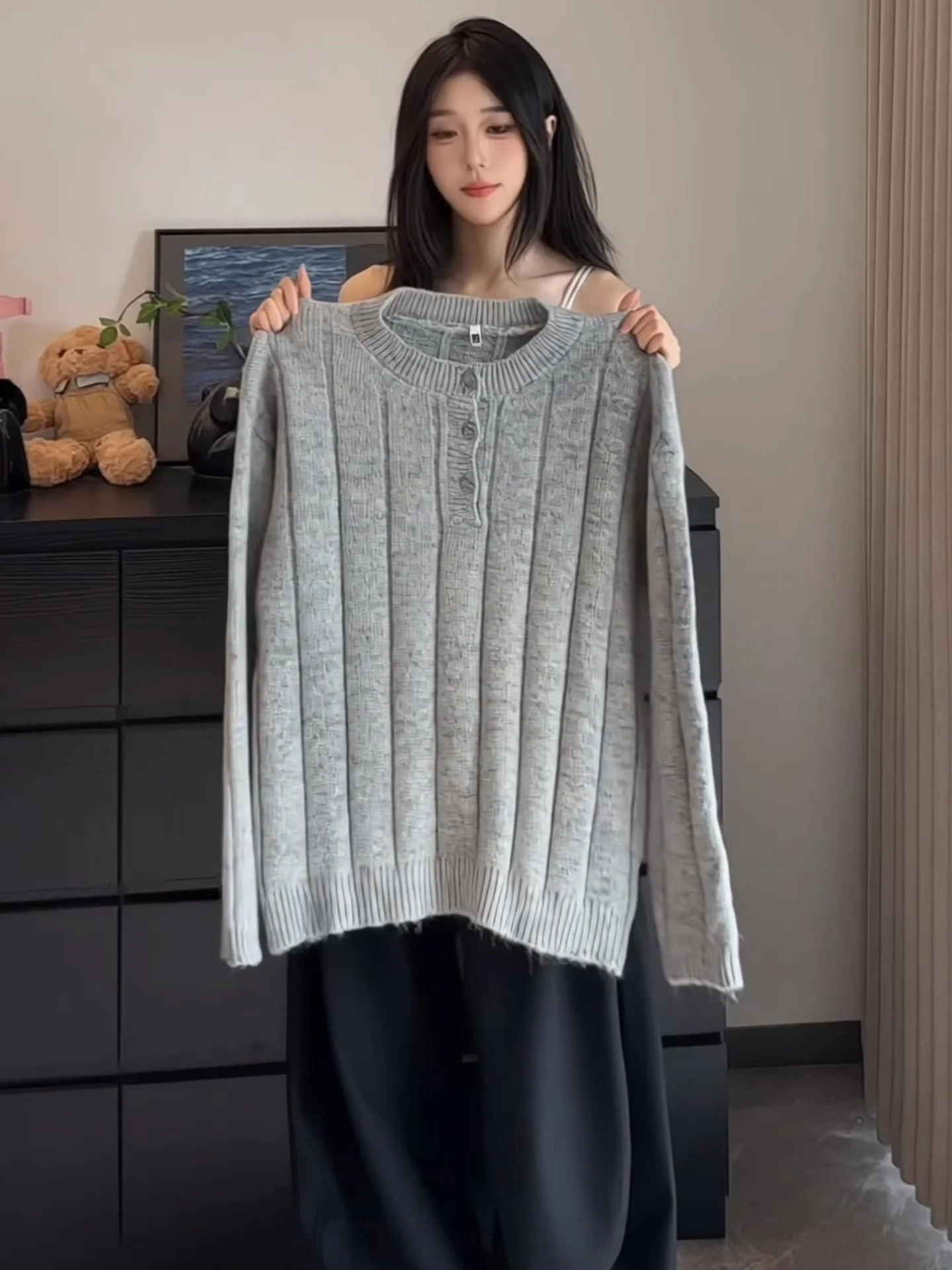 

Cleanfit Lazy Sle Men's Knitted Sweater Henry Collar Tee Button White ey Autumn Outerwear Casual Wear Resistant Long Sl...