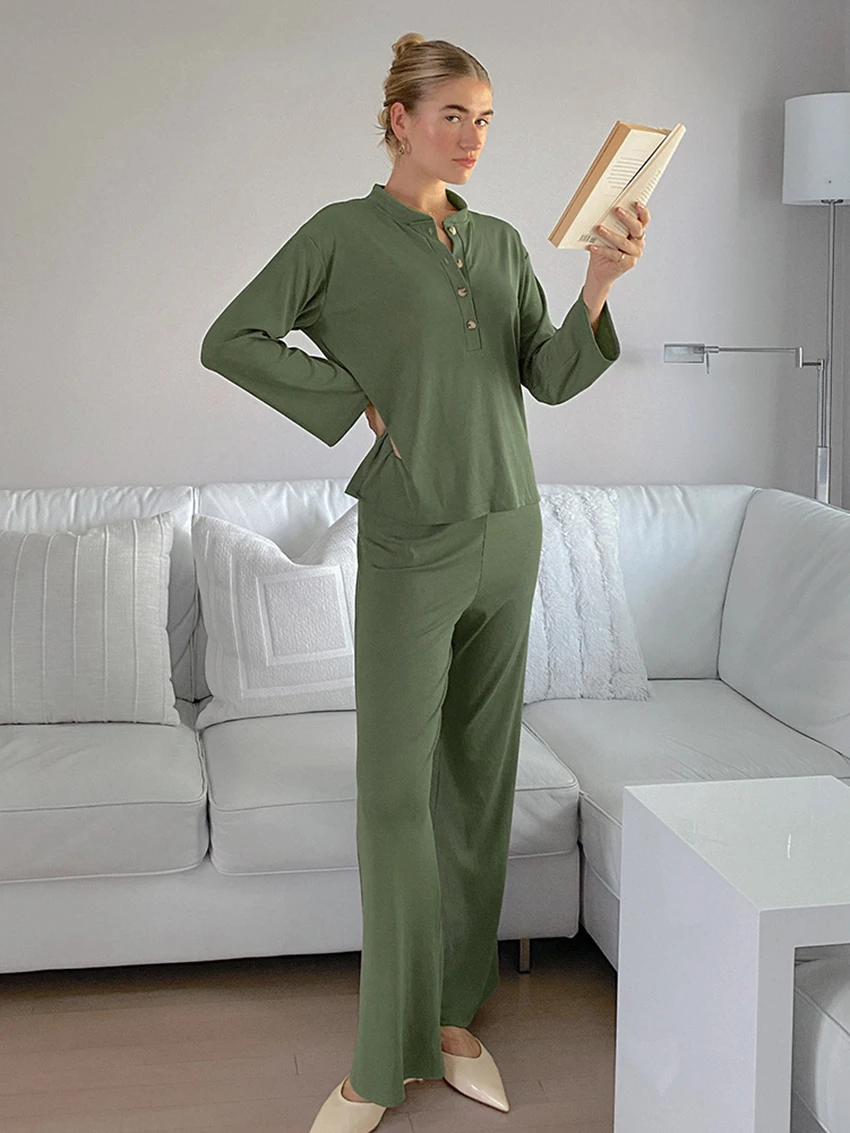 

Marthaqiqi Home Clothes Women'S Long Sleeve Nightgowns Sexy O-Neck Nightwear Wide Leg Pants Causal Ladies Sleepwear 2 Piece Set