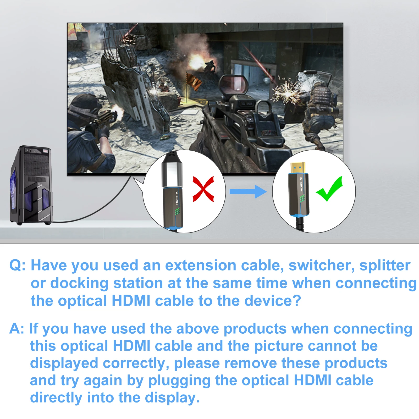 FDBRO Glasfaser-HDMI-2.1-Kabel 8K@60Hz 4K@120Hz HDMI-Kabel Dynamisches 48 Gbit/s HDR/eARC/HDCP für HD-TV PS5 Blu-ray-Geschwindigkeitscomputer – Detail 15