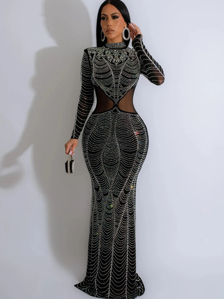 Mesh Hot Diamond Long Dresses Solid Color Long Sleeved Elegant and Beautiful Women\'s Dresses Black Round Neck Female Clothing