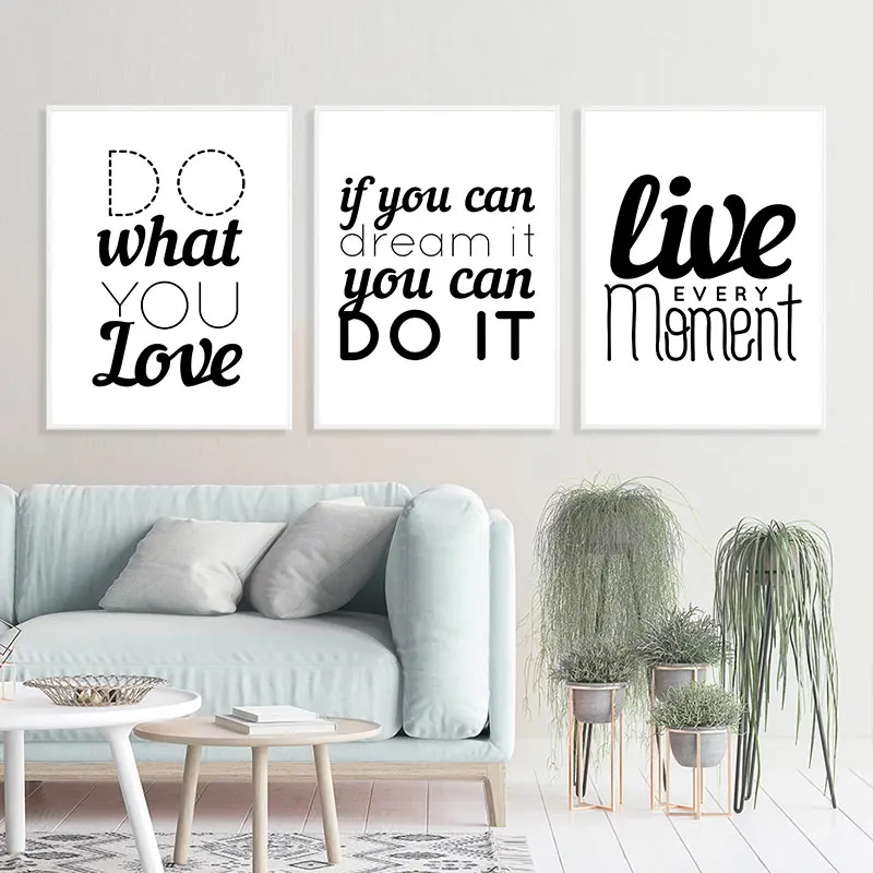 Simple Black White Inspirational Canvas Art Poster Prints Happy Life Quotes Wall Decorative Picture for Living Room Bedroom