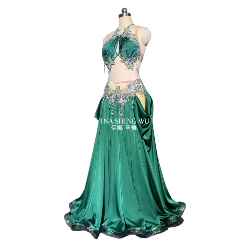 Traje de dança do ventre personalizado feminino, vestido de performance sênior, competição oriental, pedras ab, borla, malha, cetim, roupa de dança