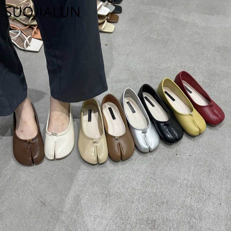 

SUOJIALUN 2022 Autumn Women Flats Ballerina Shoes Fashion Split Toe Flat Ballet Female Casual Slip On Loafer Bot knot Flats Muje