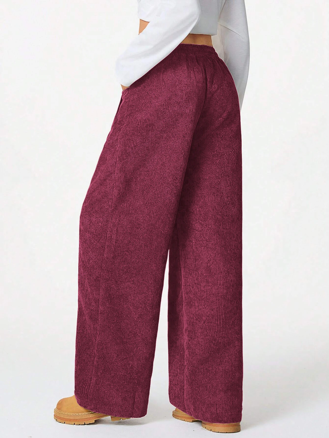Damen Retro Cord Cargo-Hose Lässige Kordelzug Gerade Sporthose Fließende Alltags-Pendlerhose mit Weitem Bein – Detail 12