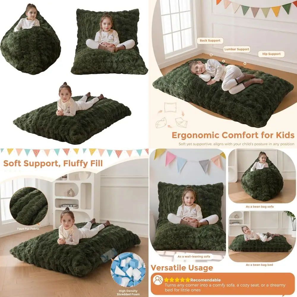 

Convertible Kids Bean Bag: Multi-Purpose Floor Sofa for Gaming, Reading, and Comfort with Washable Cover, Green