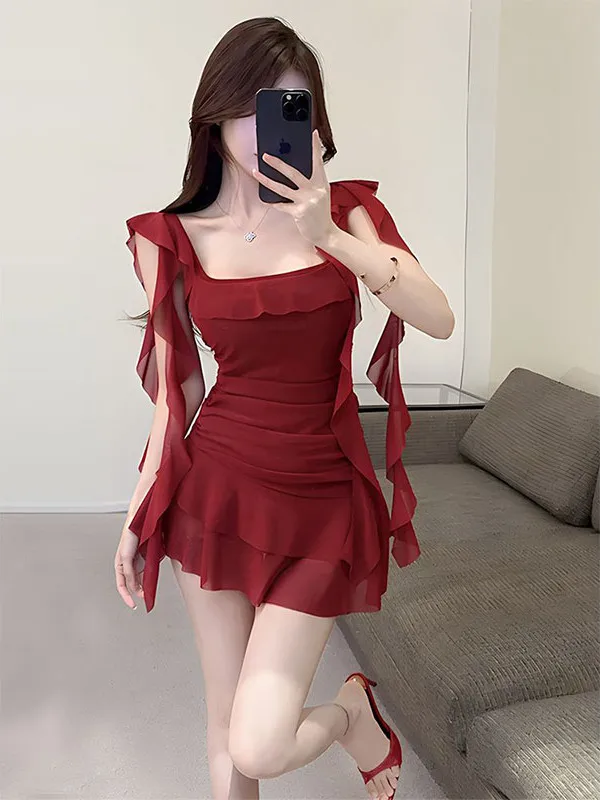 

Pure Desire Lace Trim Fly Sleeve Strap Dress Women Summer Irregular Sash Small Size Elegant Beautiful Waist Cinching Skirt