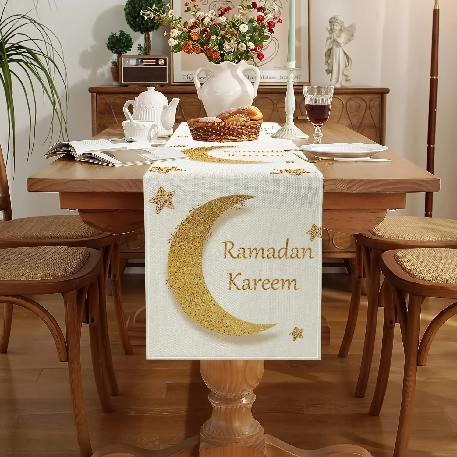 Ramadan Moon Star Print Seasonal Kitchen Dining Linen Table Runner Washable Family Dining Table Holiday Party Decor Supplies