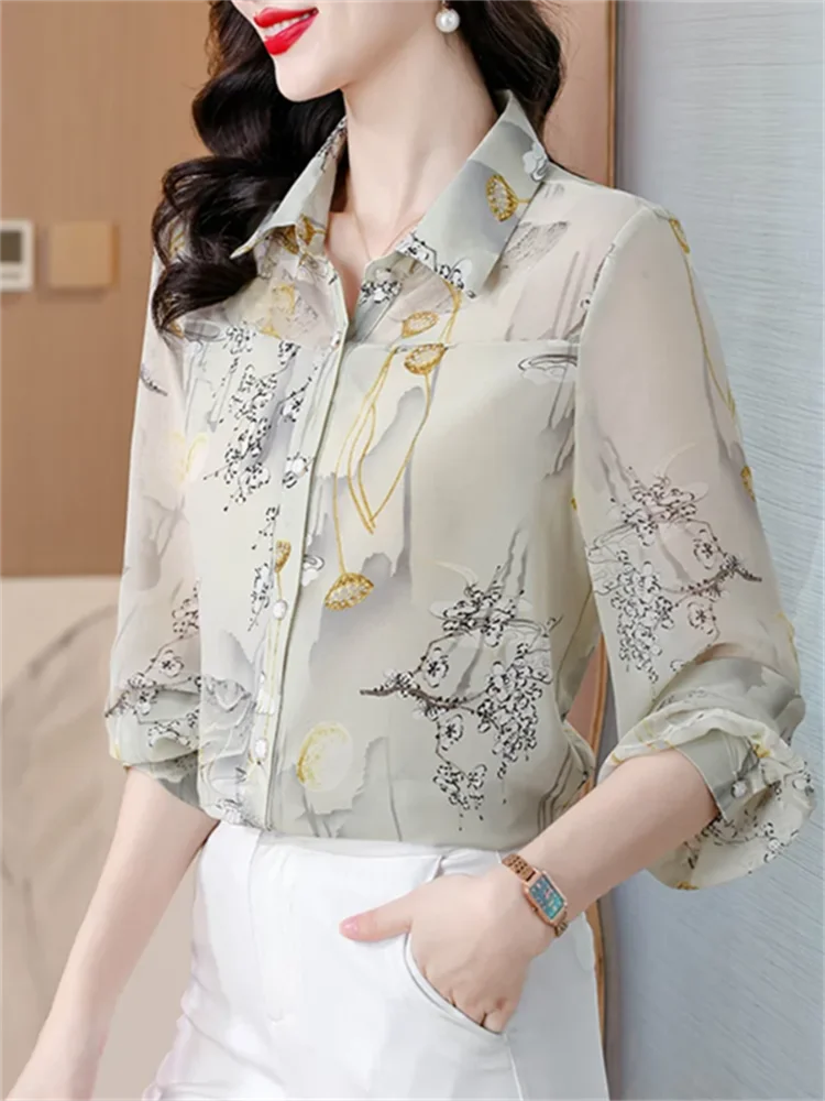 

Print Floral Blouse For Women Thin Chiffon Shirt Summer Woman Clothing Shirts Loose Fashion Shirts Button Up Long Sleeve Blous