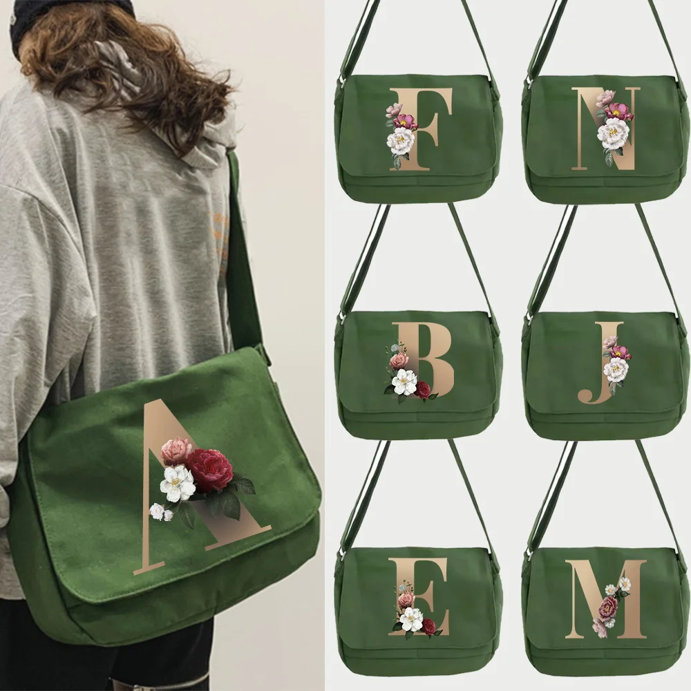 2026 Girl Handbag Canvas Teenager Shoulder Bags Gold Flower Women Messenger Bags Ladies Casual Bag Teen Handbag Crossbody Purse