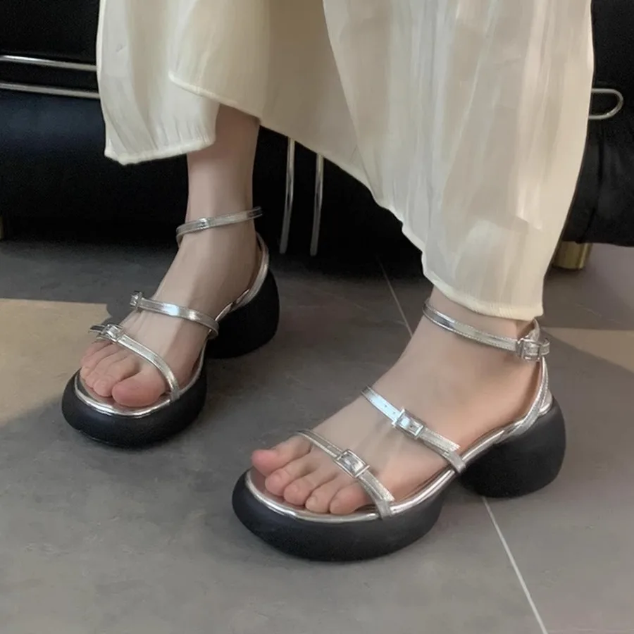 

2024 New French Style Silver Sandals for Women with High Heels and Thick Soles, Ideal for Outdoor Activities