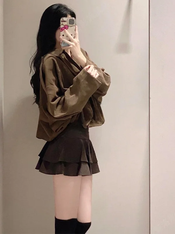 retro-american-loose-brown-stand-collar-workwear-jaet-women's-autumn-winter-new-design-flip-collar-versatile-jaet