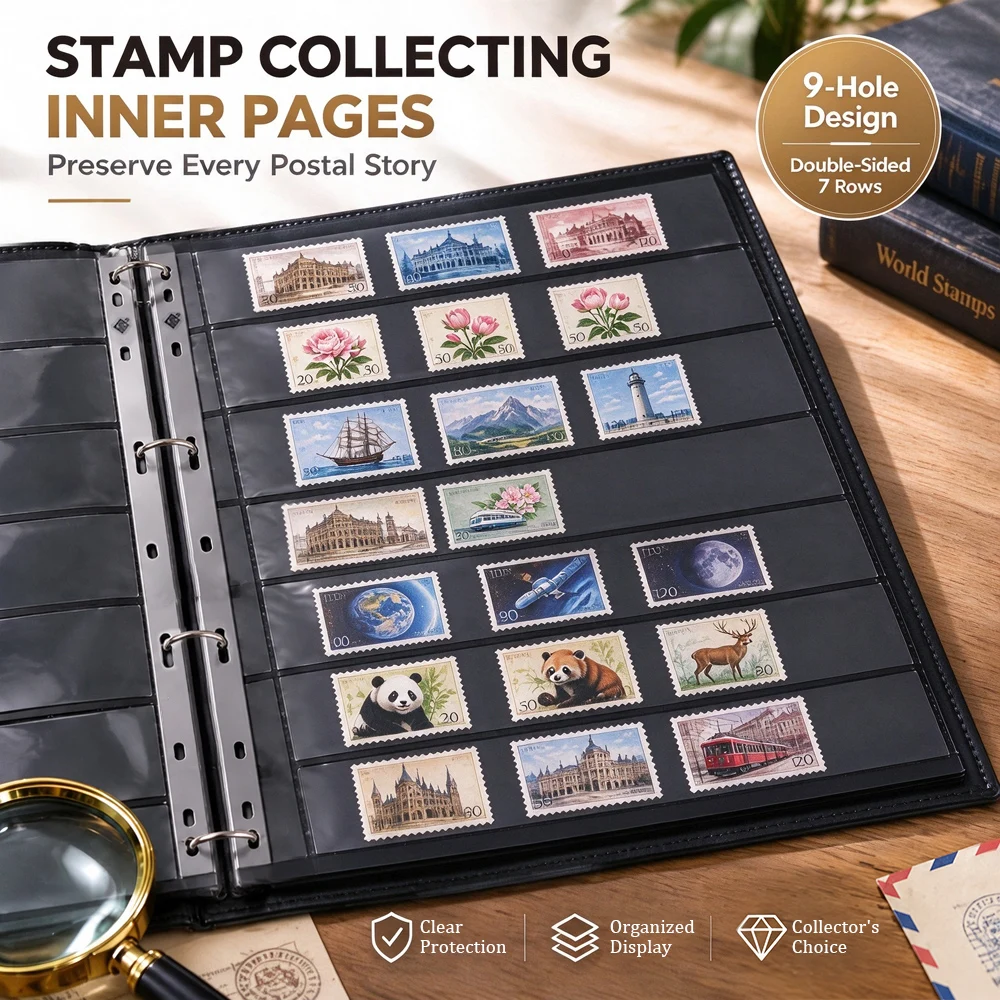 10PC 9hole Stamp Collection Black Background Double-sided Collection Format Stamp Collection Booklet Stamp Inner Page Loose Leaf
