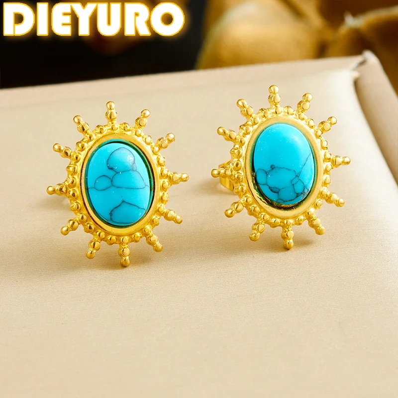 DIEYURO 316L Stainless Steel Trendy Round Texture Turquoise Flower Earrings Lady New Classic Fashion Wateproof Earbob Jewelry﻿