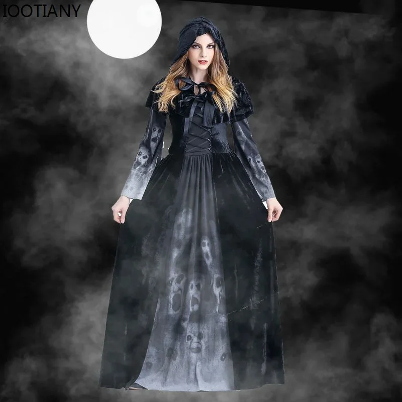 

CosplayWomen Halloween Party Ghost Bride Vampire Cosplay Costume Adult Grim Reaper Maxi Dress Black Horror Skull Witch Evil Hood