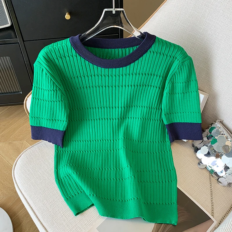 

Short Sleeve Color Block Pullover Women Sweater Knitted 2025 Summer Slim Sweaters O-Neck Tops Korean Pull Femme Jumper Female