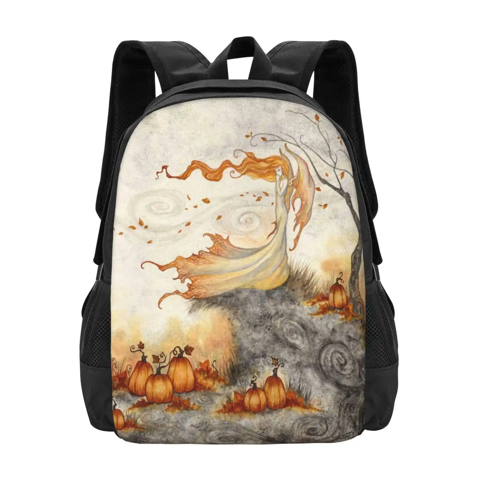 Whispers In The Pumpkin Patch 3d Print Design Backpack Student Bag Pumpkin Fairy Amy Brown Fall Autumn Halloween Orange Crow