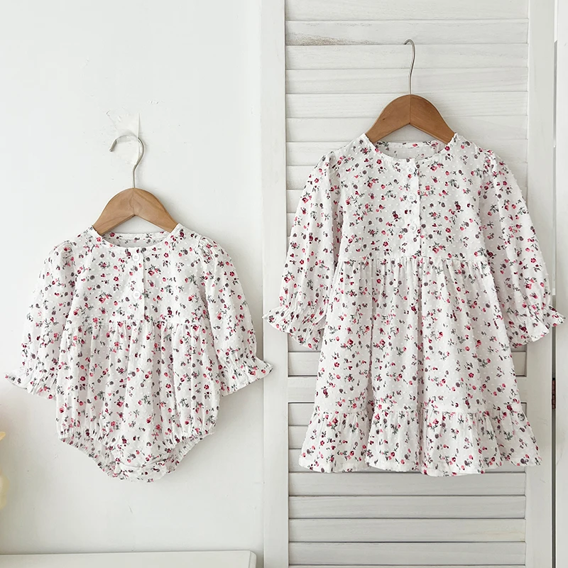 Spring New Baby Girl Party Flower Dress Rural Style Flowers Cotton Stitching Sister Dress Baby Girl Romper Kids Princess Dresses