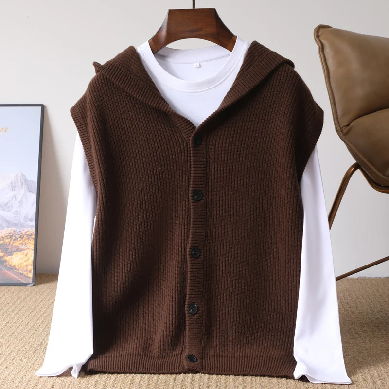 100% Pure Merino Wool Men's Hoodie Vest Wool Vest Loose Leisure Knitted Sweater Men's Clothing Sleeveless Top