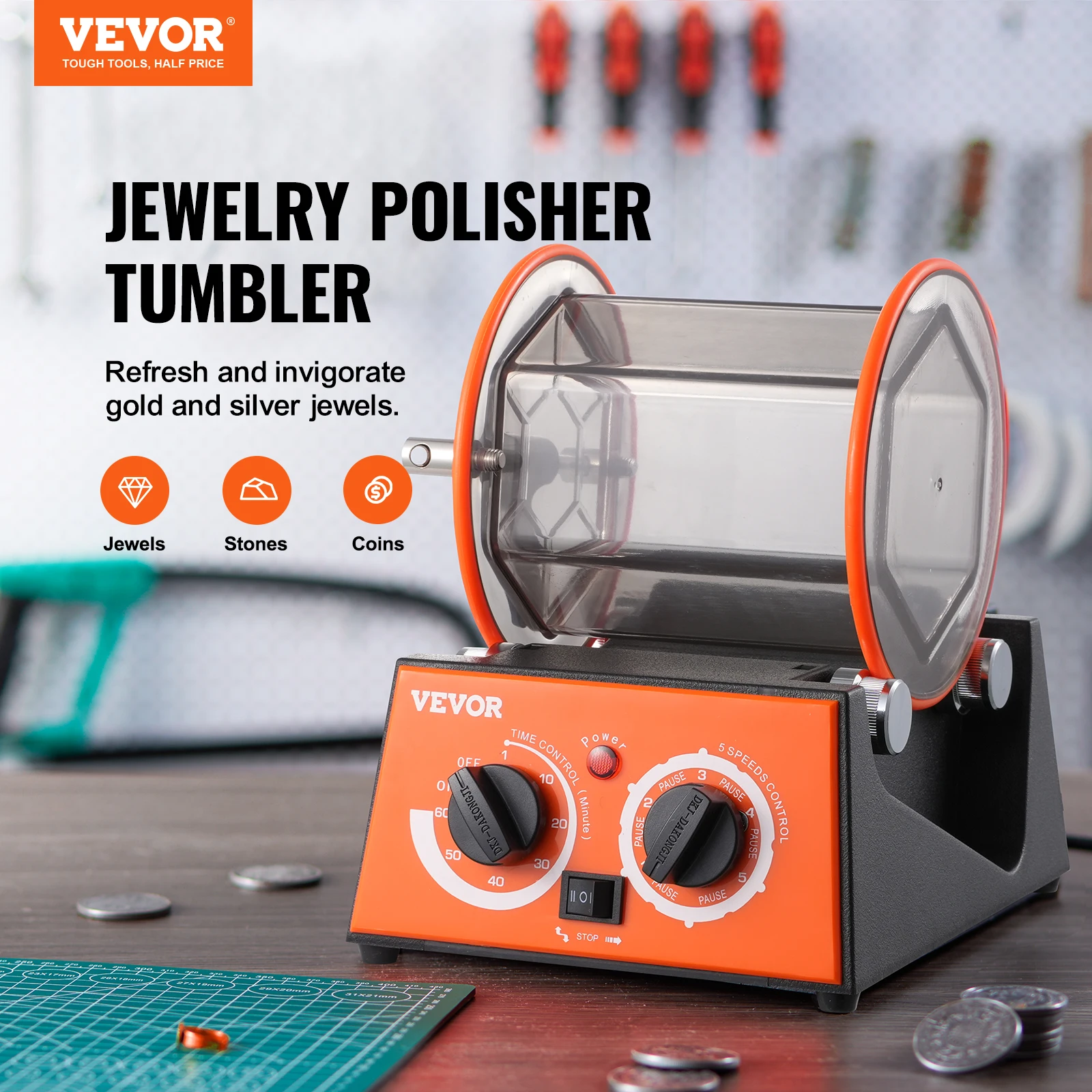 VEVOR Polisseur de Bijoux 3 kg 45 W Machine de Polissage de Bijoux 5 Vitesses 0-60 mins Réglable Polisseuse à Tambour Rotative Action Bidirectionnel pour Polir Pierre Roche Fer Bijoutier Bijouterie