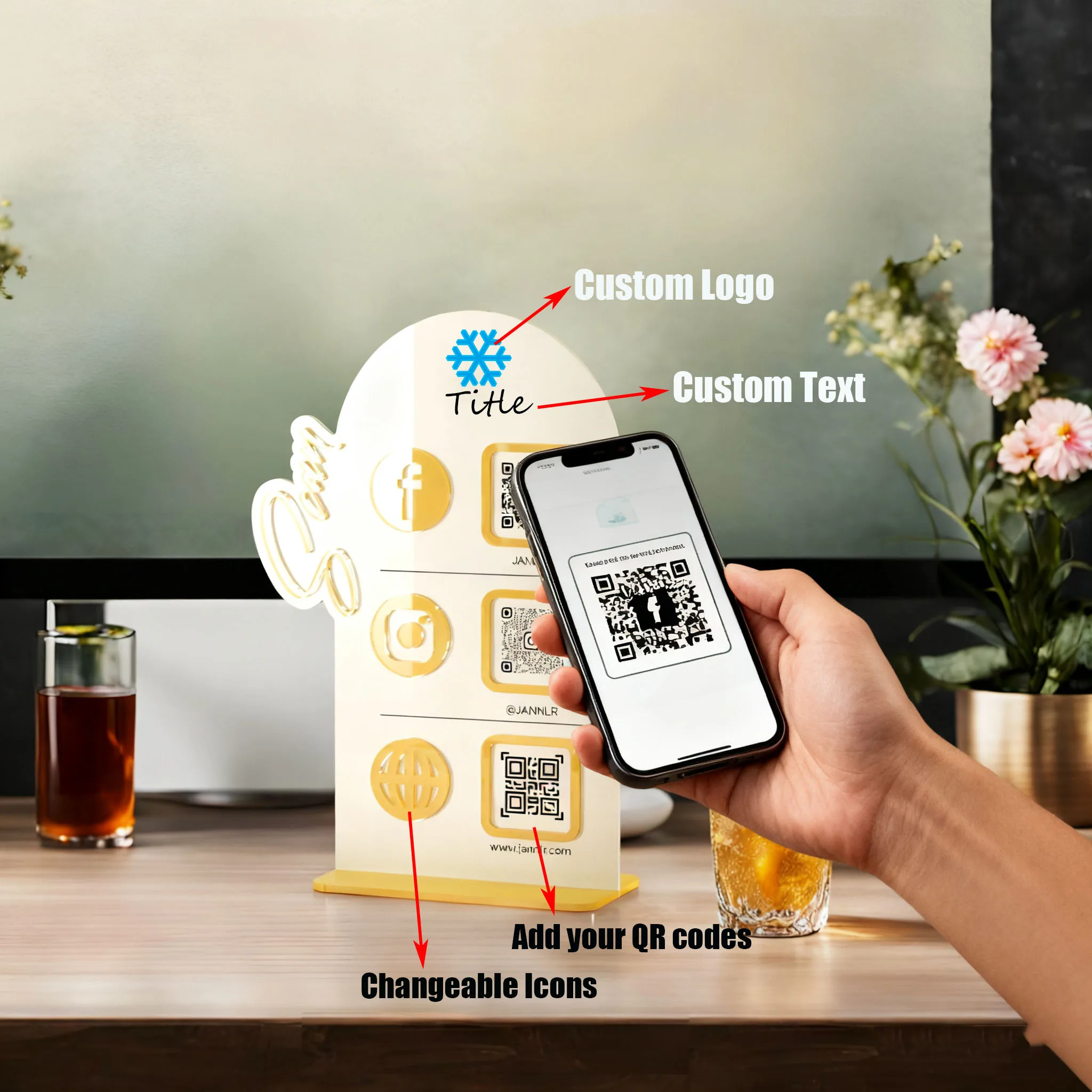 Personalized Multi QR Codes Sign Custom Logo Text Acrylic Stand for Small Businesses Payment Menu Gain Followers Reviews Social