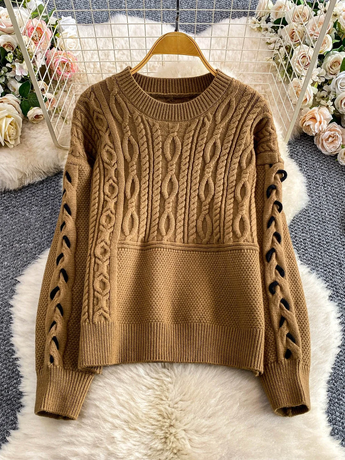 Suéter de Punto ueso de Manga Larga para Mujer, Nuevo Estilo de Invierno, Diseño Informal, Cómodo y Cálido, Cuello Redondo