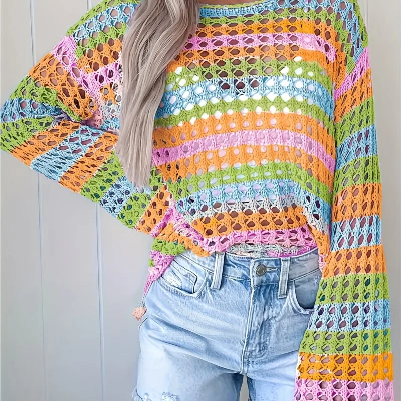 2026 Long-sleeved Loose Hollow Color-blocked Sweater Summer Women New Spliced ​​round Neck Striped Camping Holiday Beach Sweater
