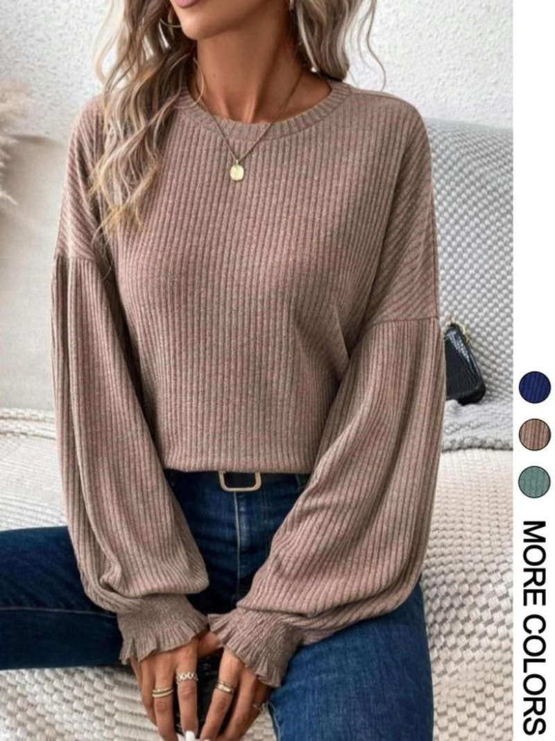 

Women's Plain Ribbed Bishop Sleeve Sweater Pullover, Casual Shirred Long Sleeve Round Neck Jumper for Spring & Fall