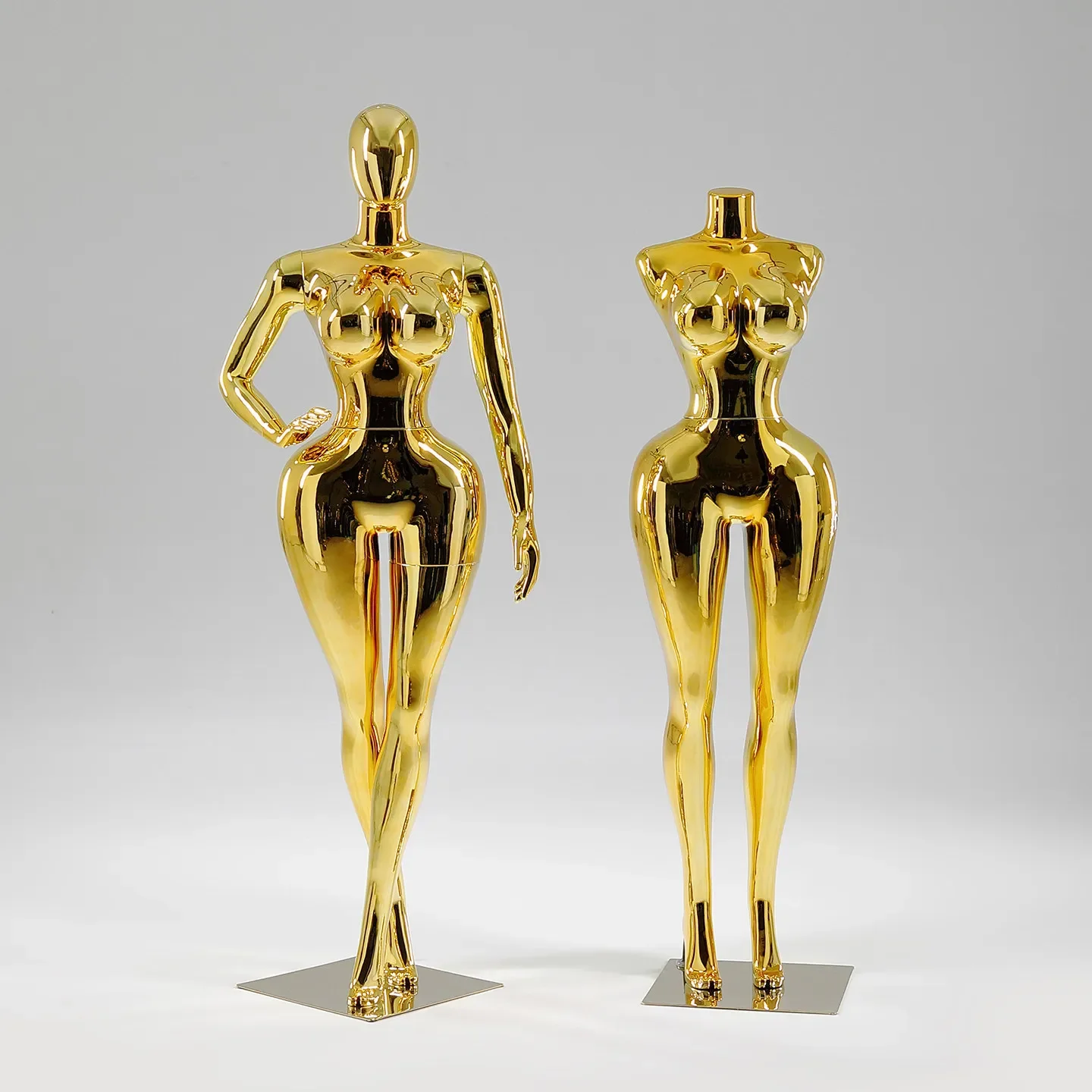 High-end electroplated female props full body display rack women's clothing store window dummy looks like real golden model rack