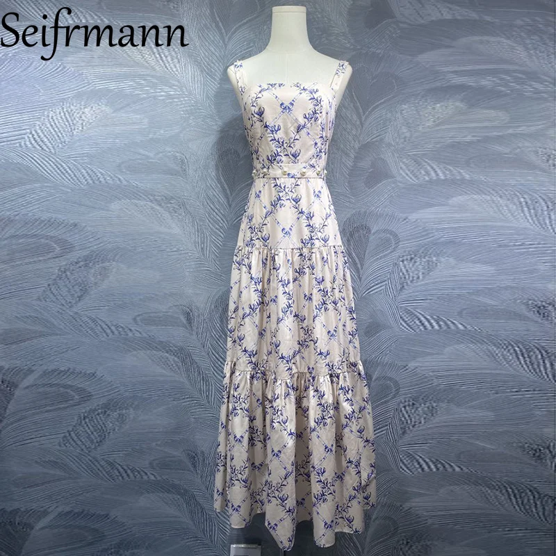 

Seifrmann Casual Holiday Ball Gown Dress For Women's Sexy Spaghetti Strap Backless Floral-Print Cotton Dresses