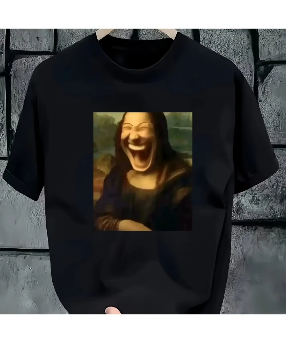 Funny laughter Mona Lisa printed short sleeved T-shirt Summer unisex Loose and Breathable cotton T-shirt Top