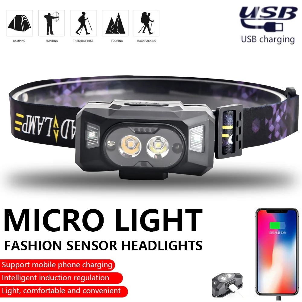 Dual Light Sensor Headlamp Hat Clip Headlight 6Lighting Modes Outdoor Camping Hunting Flashlight Waterproof Induction Head Lamps