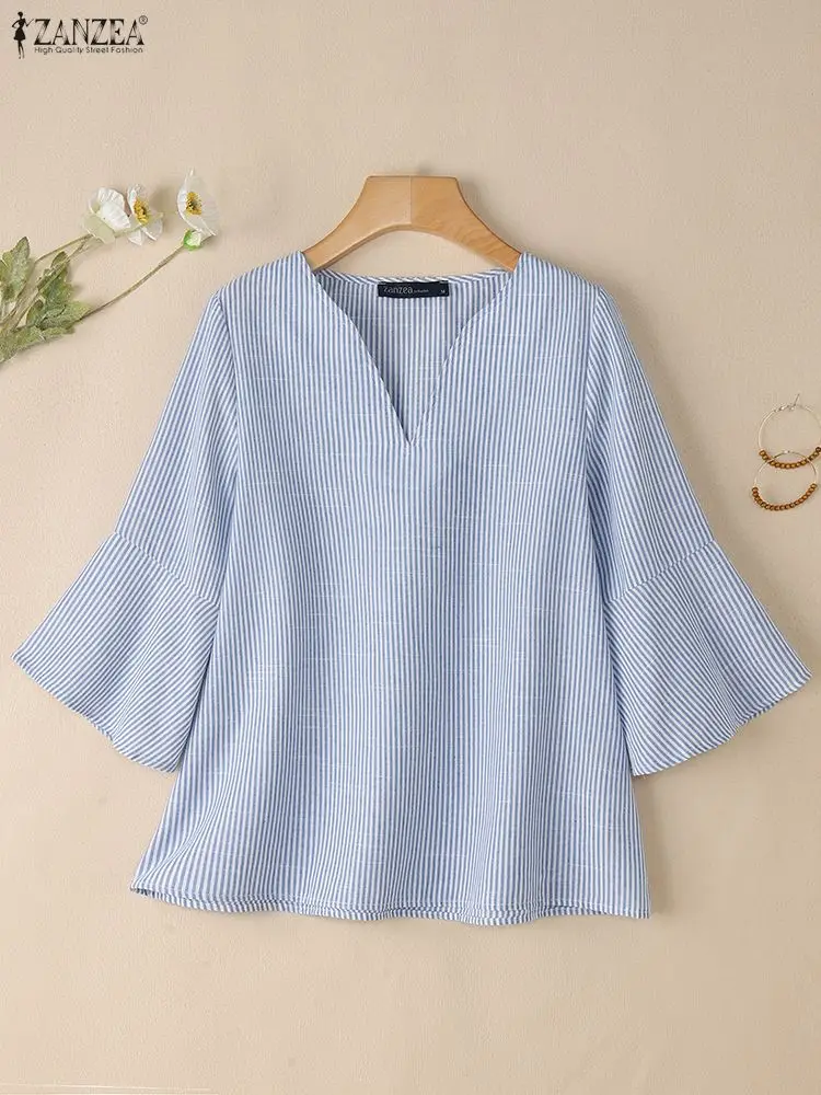 2025 ZANZEA مكتب بلوزة مخططة المرأة الخريف بلايز عادية الخامس الرقبة 3/4 كم Blusas الإناث OL قمصان العمل Mujer قميص كبير الحجم